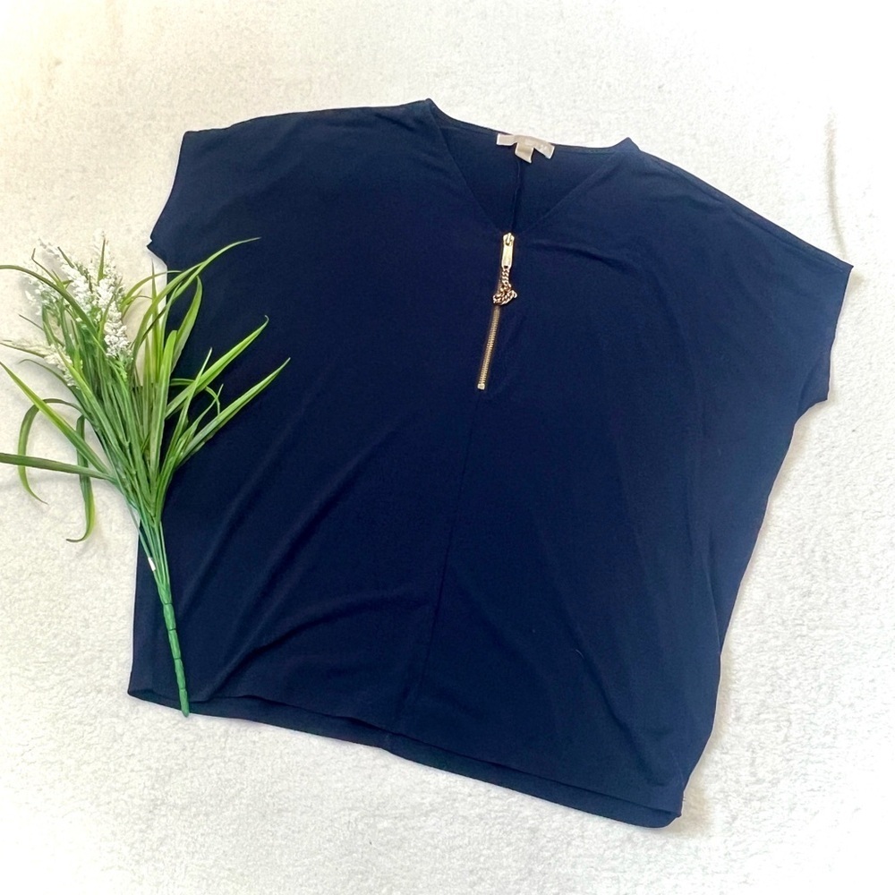 Michael Kors Navy Gold Zipper Dolman Blouse - Medium